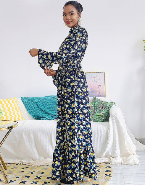 Flared Sleeve Abaya with Waist Tie Kaftan Dress